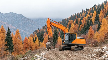 Orange excavator in a mountainous autumn landscape.