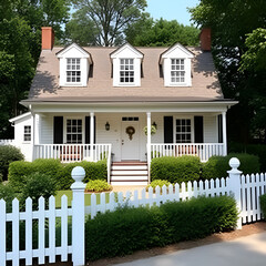 A classic Cape Cod-style house with dormer windows and a charming front porch, surrounded by a white picket fence and lush landscaping.