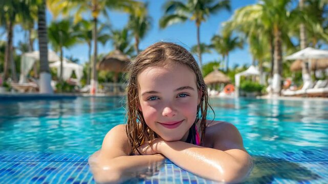 Smiling girl in a tropical pool resort vacationer happy child summer time photo