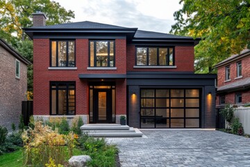 Modern two-story brick house in a suburban neighborhood showcasing sleek design elements and a spacious driveway during a clear day