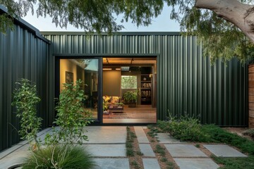 Fototapeta premium Modern architectural design featuring a green metal facade, open doorway, and welcoming garden space, showcasing contemporary living in a serene environment