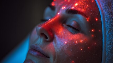 Red Light Therapy Skincare Treatment Woman Face Closeup Glowing Skin Beauty Wellness Spa Relaxation Serene Facial Redness Reduction Anti Aging Procedure Professional Cosmetology   