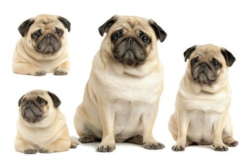 Obraz premium Collection of pug dog in playful poses, lying positions highlighting expressions and charming personality isolated on white background