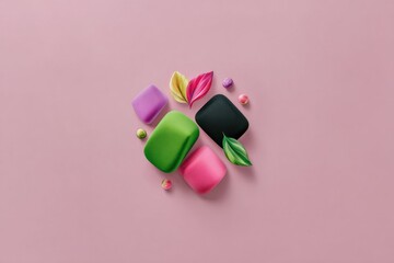 Pastel Colored Cubes and Leaves on Pink Background