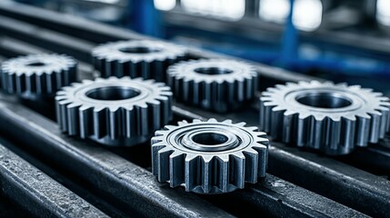 Close-up view of several metal gears arranged on a metal surface.