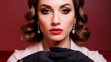 Elegant woman in vintage attire with black gloves and pearls, posing against a rich red backdrop
