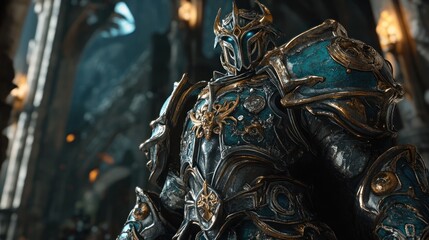 Detailed close-up of a warrior in ornate armor standing guard in a castle