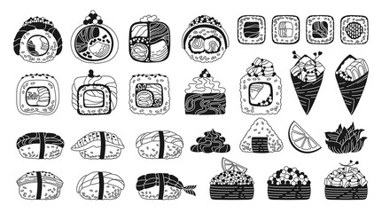 Sushi black and white doodle set. Traditional Asian Japanese food big linear set. Different Sushi seafood Philadelphia, roll California nigiri sashimi flat vector for oriental menu cafe bar restaurant