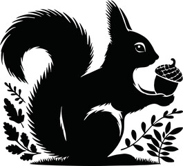 Silhouette of a squirrel sitting and holding an acorn, autumn theme, isolated vector on white background