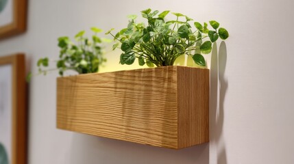 Fototapeta premium Wooden Planter with Greenery: A modern, rectangular wooden planter affixed to a wall, overflowing with vibrant green plants, evoking a sense of calm and the embrace of nature. 