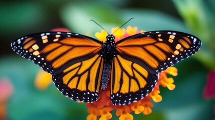 Obraz premium Monarch butterfly resting gracefully on vibrant lantana flowers in a garden setting