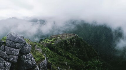 Mystical Machu Picchu: Ancient Inca Citadel Shrouded in Clouds and Greenery