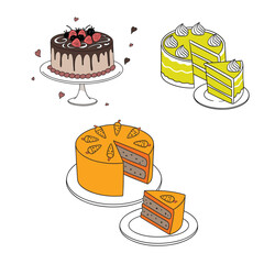 A collection of delicious cartoon cakes including chocolate strawberry lemon and carrot cake a vector illustration set of sweet desserts for celebration