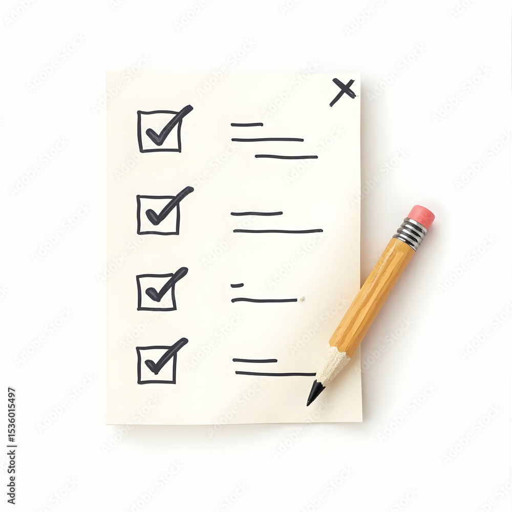 Poster checklist and pencil on white background task management