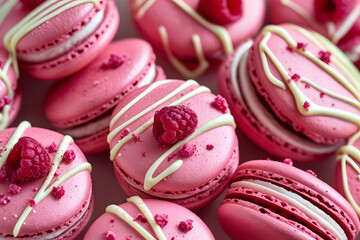 Pink raspberry macarons with white chocolate drizzle and raspberry crumb topping.