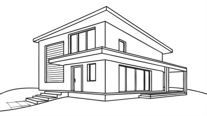 Outline drawing of a modern two story house with a flat roof and steps leading up to the front door