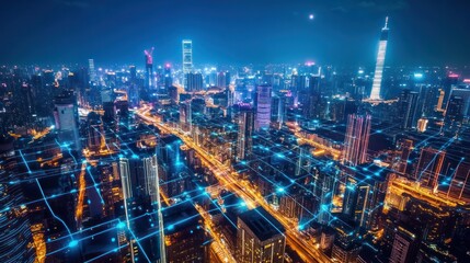 Obraz premium Illuminated cityscape showcasing connectivity and modern urban infrastructure