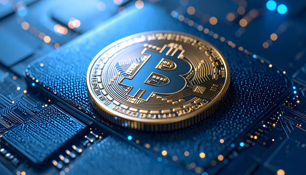 Bitcoin's Digital Birth: A gleaming Bitcoin rests atop a motherboard, representing the digital frontier of finance and cryptocurrency. It encapsulates the innovative essence of online currency