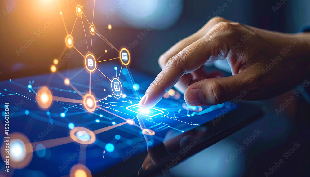 Poster digital world at your fingertips: a close-up shot depicts a person's hand interacting with a digital