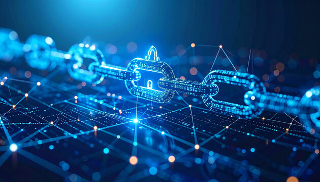 Digital Chain of Security: A high-angle shot of a digital blockchain, its links gleaming with a cool, ethereal blue glow, symbolizing the secure connection within a network.