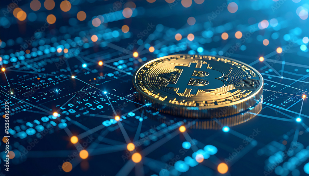 Poster bitcoin in digital realm: a shiny bitcoin rests upon a network of interconnected digital pathways, i