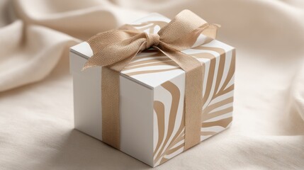Obraz premium Wrapped Gift of Elegance: A beautifully packaged gift box adorned with a luxurious gold ribbon sits gracefully amidst a backdrop of delicate, flowing fabric, conveying a sense of understated elegance.