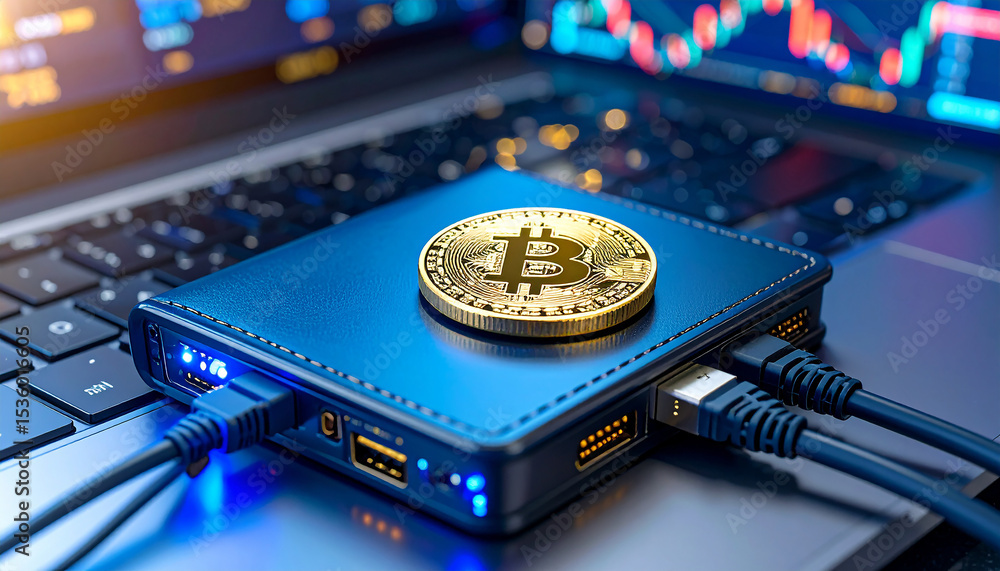 Poster digital gold rush: a symbolic representation of bitcoin sits atop a network device, with data charts