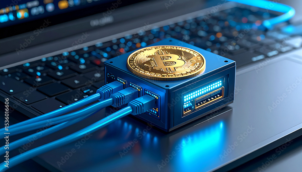 Poster digital gold and connectivity: a bitcoin coin resting atop a network device, symbolizing the digital