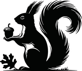 Silhouette of a squirrel sitting and holding an acorn, autumn theme, isolated vector on white background