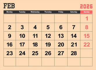 2026 calendar page design vector illustration. The week start on monday