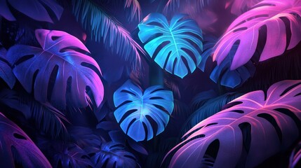 Vibrant tropical foliage bathed in a mesmerizing neon glow, evocative of a futuristic jungle landscape