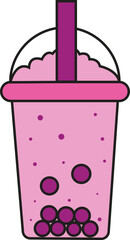 Flat Vector Illustration of Pink Bubble Tea Drink with Tapioca Pearls and Straw for Cafe Menu and Beverage Icon Design