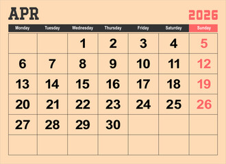 2026 calendar page design vector illustration. The week start on monday