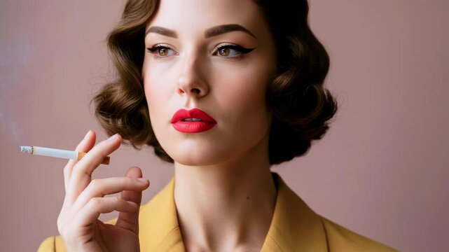 Elegant woman with vintage hairstyle and makeup, holding a cigarette against a soft pink background