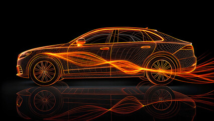 A linear sketch depicting a car concept emphasizing connectivity, stylish design, aerodynamic features, and overall aesthetics.