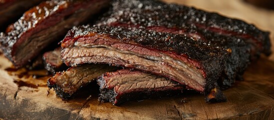 Close-up of smoked beef ribs with bark on a rustic wooden cutting board