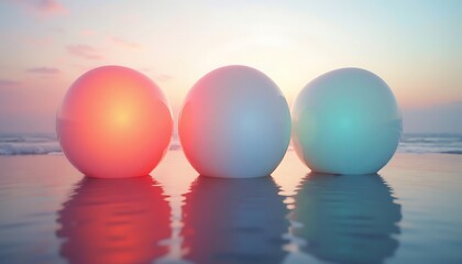 Three glowing translucent spheres on wet beach sand during sunrise