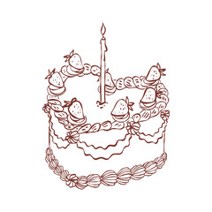 Whimsical heart shaped outline cake with strawberry, candle. Vintage style minimalist trendy coquette line food. Hand drawn isolated vector illustration. Party birthday, anniversary celebration design