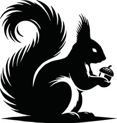 Silhouette of a squirrel sitting and holding an acorn, autumn theme, isolated vector on white background