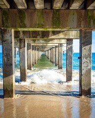 Waves rush in under wooden boardwalk or pier at the beach. Aged, dirty, discolored concrete supports define a geometric tunnel-like view to the distance. Coney Island, New York City.