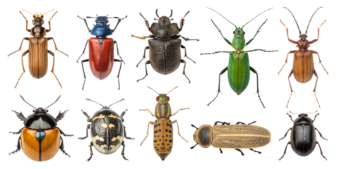 Assorted beetles, bugs and insects collection, flat lay, isolated PNG transparent background