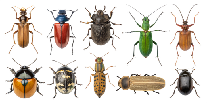 Assorted beetles, bugs and insects collection, flat lay, isolated PNG transparent background