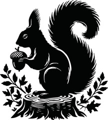 Silhouette of a squirrel sitting and holding an acorn, autumn theme, isolated vector on white background