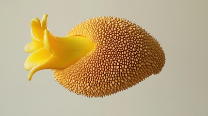 Spiky ovoid structure erupting bright yellow petals against a muted background