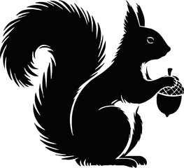 Silhouette of a squirrel sitting and holding an acorn, autumn theme, isolated vector on white background