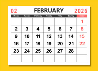 2026 calendar page design vector illustration. The week start on monday