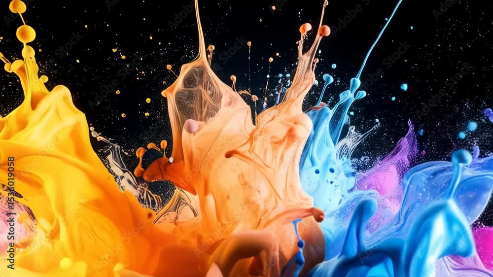 Poster vibrant multi-colored paint explosion with dynamic splashes and swirls on a black background, creati