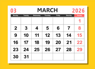 2026 calendar page design vector illustration. The week start on monday