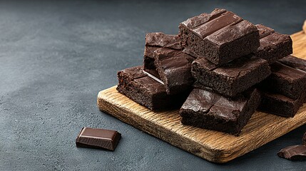 Stack of rich, dark chocolate brownies on a wooden board.
