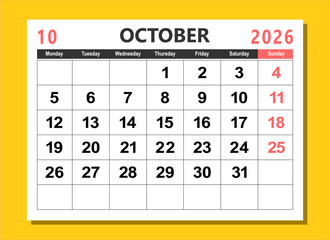 2026 calendar page design vector illustration. The week start on monday